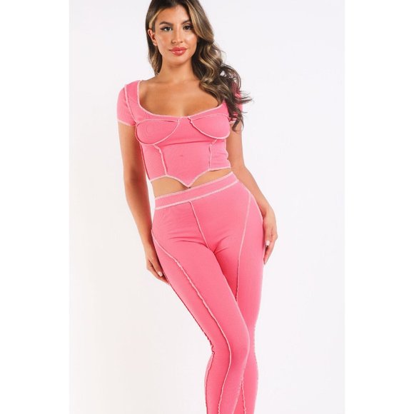 Women Ribbed Tops & Legging Set With Reverse Overlock Stitch Detail Short Sleeve - Picture 2 of 10